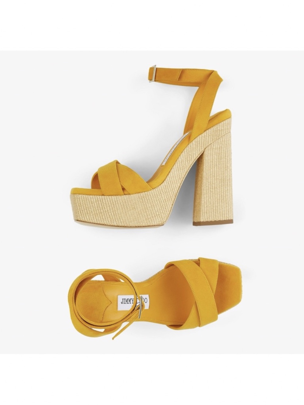 New JIMMY CHOO Gaia 140 Sunflower Suede and Natural Raffia Platform Sandals 39.5